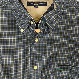 Tommy Hilfiger Button Down Shirt Mens Large Plaid Long Sleeve Blue Yellow Crest